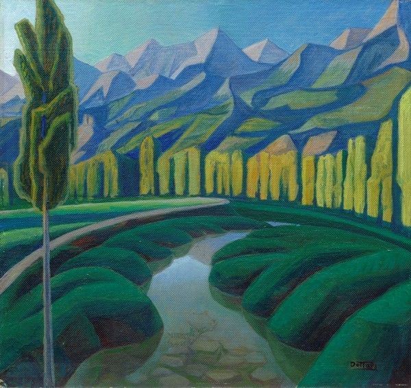 Gerardo Dottori : Paesaggio della Versilia (Il Cinquale)  (anni '50)  - Olio su faesite - Asta Arte Moderna e Contemporanea - Galleria Pananti Casa d'Aste