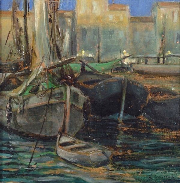 Guglielmo Micheli : Porto di Livorno  - Olio su cartone - Asta Autori dell'800-900, Arte moderna e contemporanea - I - Galleria Pananti Casa d'Aste