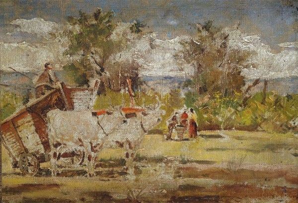 Scuola Italiana, inizi XX sec. : Campagna con figure  - Olio su tela riportato su cartone - Auction Autori dell'800-900, Arte moderna e contemporanea - I - Galleria Pananti Casa d'Aste