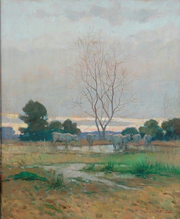 Giorgio Luxardo - Tramonto al Tombolo con buoi