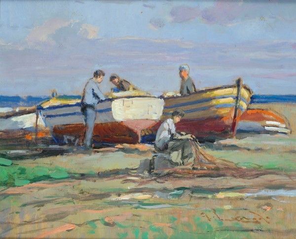 Giorgio Luxardo : Pescatori palermitani  - Olio su compensato - Auction AUTORI DEL XIX E XX SEC - Galleria Pananti Casa d'Aste