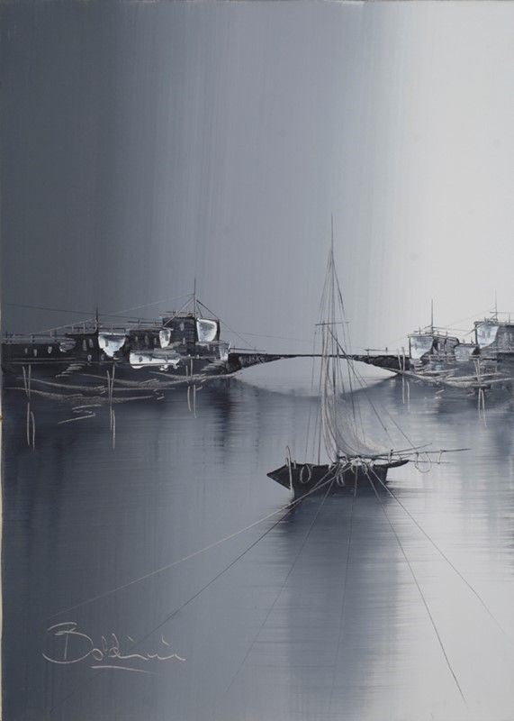 Anonimo, XX sec. : Paesaggio con barche  - Olio su tela - Asta Autori dell'800-900, Arte moderna e contemporanea - I - Galleria Pananti Casa d'Aste