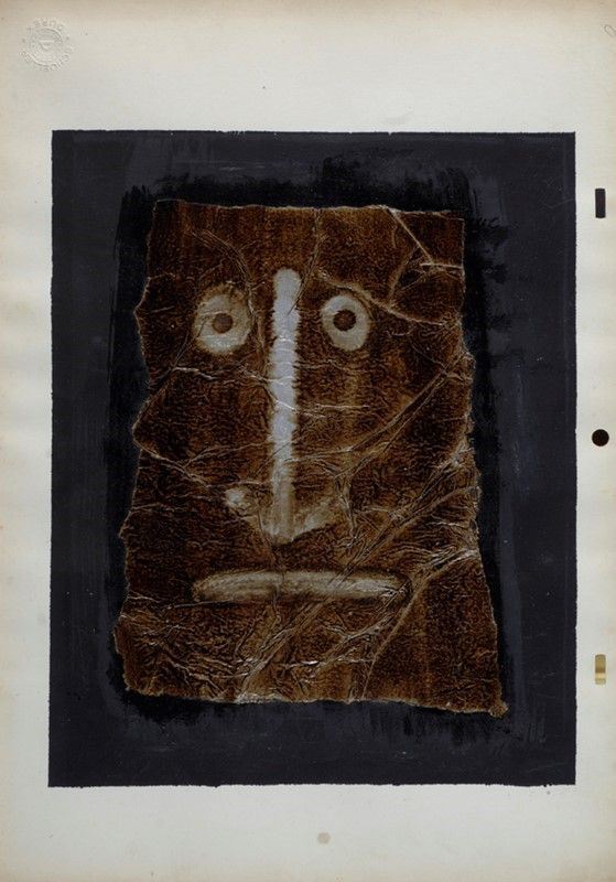 Pino Pascali : Maschera  (1965)  - Tempera e bitume su carta argentata applicata su cartoncino - Asta Arte Moderna e Contemporanea - Galleria Pananti Casa d'Aste