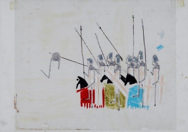 Pino Pascali : Crociati a cavallo  (1963)  - Tecnica mista su acetato e cartoncino - Asta Arte Moderna e Contemporanea - Galleria Pananti Casa d'Aste