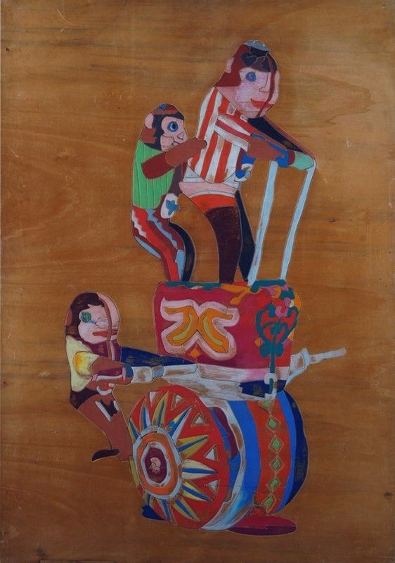 Ugo Nespolo : Majid Family Circus  (1981)  - Pastelli a cera, timbri e  legno - Asta Autori dell'800-900, Arte moderna e contemporanea - I - Galleria Pananti Casa d'Aste
