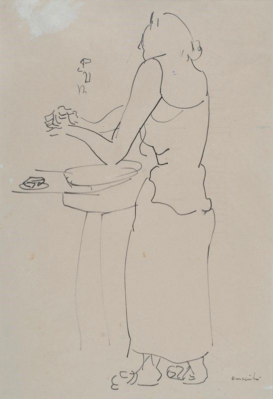 Giovanni Omiccioli : Donna che si lava le mani  - China su carta - Auction Autori dell'800-900, Arte moderna e contemporanea - I - Galleria Pananti Casa d'Aste