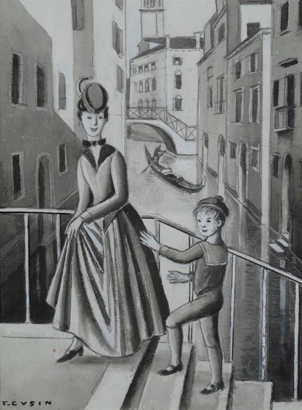 F. Cusin : Madre e figlio a Venezia  - China acquerellata su carta - Asta DISEGNI DAL XIX AL XX SEC - Galleria Pananti Casa d'Aste