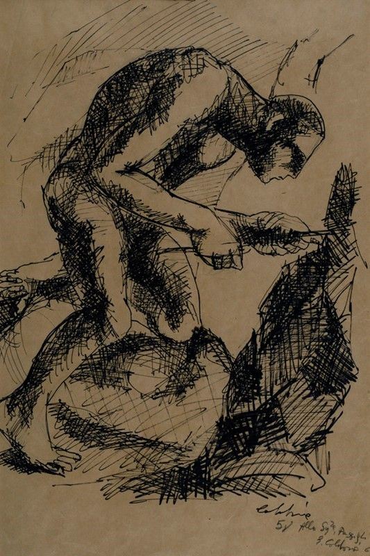 Ennio Calabria : Figura  (1958)  - Inchiostro su carta - Asta Autori dell'800-900, Arte moderna e contemporanea - I - Galleria Pananti Casa d'Aste