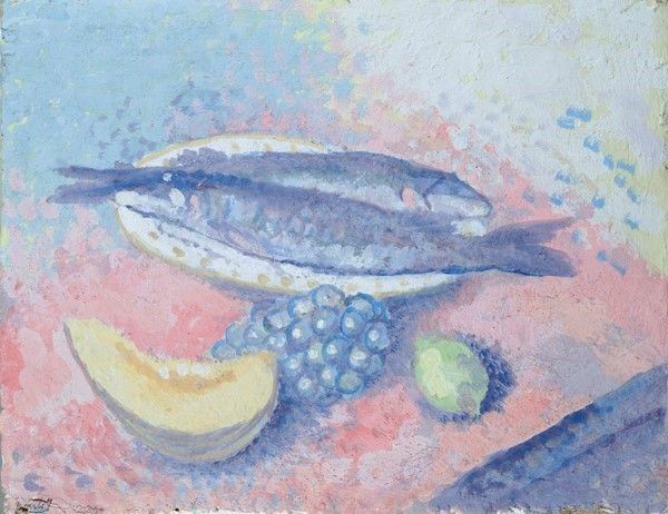 Quinto Martini : Natura morta con pesci e frutta  - Affresco su tavola - Auction Autori dell'800-900, Arte moderna e contemporanea - I - Galleria Pananti Casa d'Aste