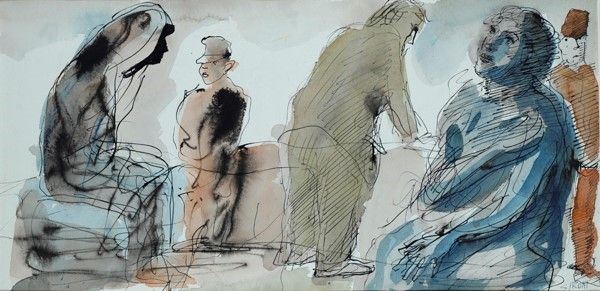 Mario Sironi : Cinque figure  (inizi anni '50)  - China e tempera su cartoncino - Auction Arte Moderna e Contemporanea - Galleria Pananti Casa d'Aste