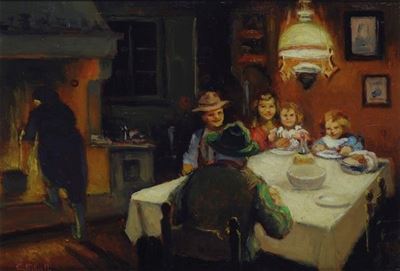 Interno con figure, olio su tavola