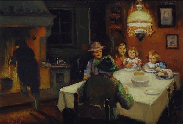 Cafiero Filippelli - Interno con figure, olio su tavola