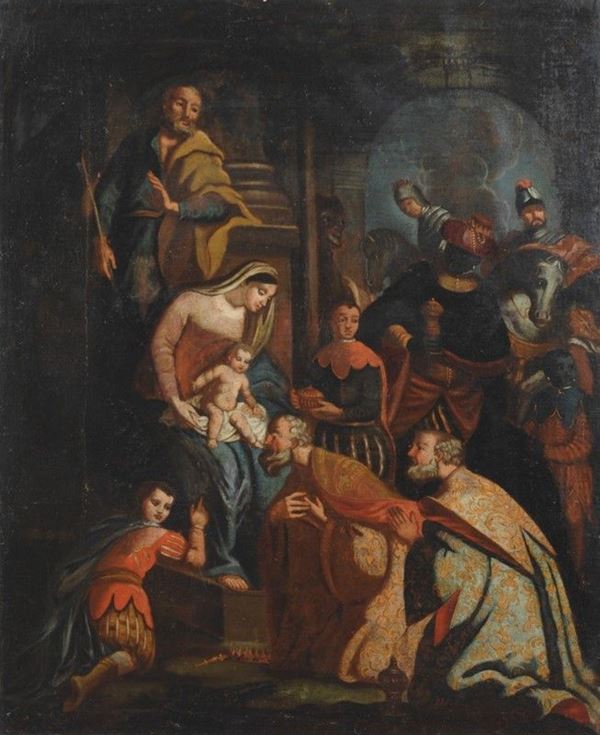 Scuola Napoletana, XVII sec. : Adorazione dei Magi  - Olio su tela - Auction STORART - I - Galleria Pananti Casa d'Aste