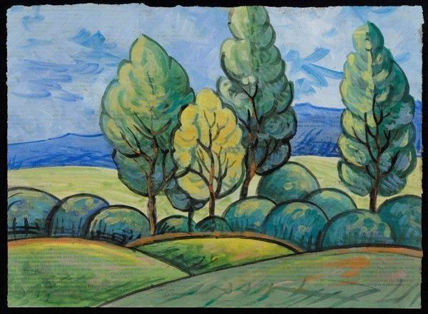 Anonimo, XX sec. : Paesaggio con alberi  - Tempera su carta - Asta Arte Moderna e Contemporanea - Galleria Pananti Casa d'Aste