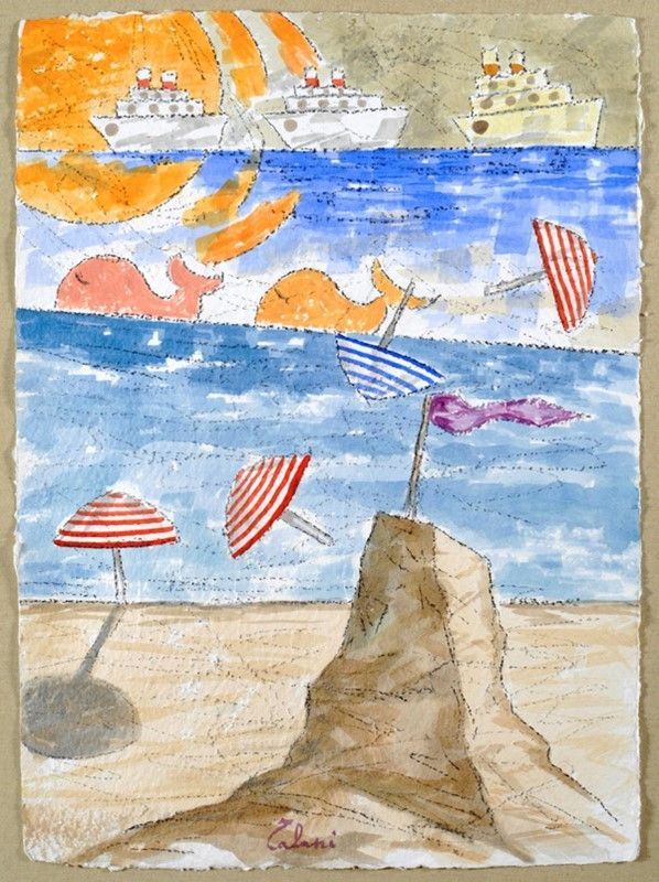 Giampaolo Talani : Spiaggia  - Tecnica mista su carta - Asta Autori dell'800-900, Arte moderna e contemporanea - I - Galleria Pananti Casa d'Aste