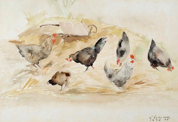 Vittorio Corona : Polli nell'aia  (1937)  - Acquerello su carta - Auction Autori dell'800-900, Arte moderna e contemporanea - I - Galleria Pananti Casa d'Aste