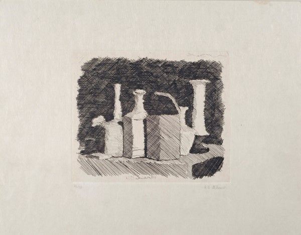Giorgio Morandi : Natura morta con sei oggetti  (1930)  - Acquaforte su carta giappone - Auction Arte Moderna e Contemporanea - Galleria Pananti Casa d'Aste