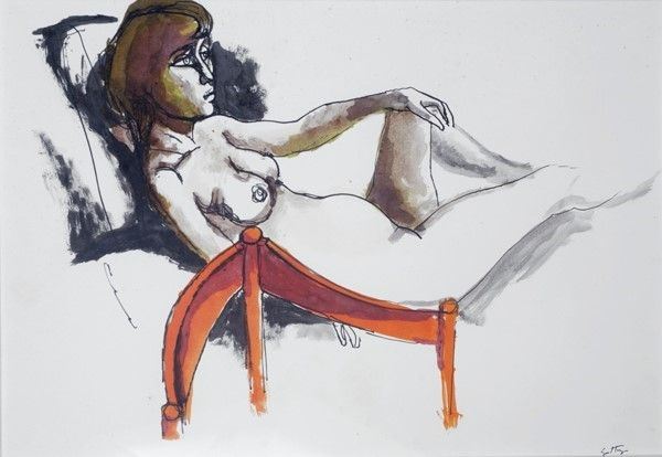 Renato Guttuso : Nudo seduto  - Acquerello e china su cartoncino - Auction Autori dell'800-900, Arte moderna e contemporanea - I - Galleria Pananti Casa d'Aste