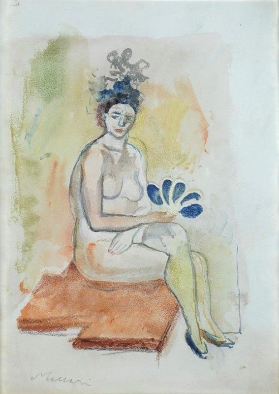 Mino Maccari : Nudo seduto  (1937)  - Acquerello su carta riportata su tavola - Asta Autori dell'800-900, Arte moderna e contemporanea - I - Galleria Pananti Casa d'Aste
