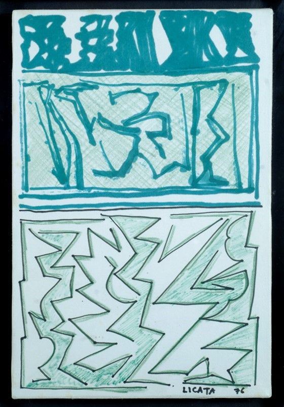 Riccardo Licata : Composizione  (1976)  - Tecnica mista su carta riportata su tela - Asta Autori dell'800-900, Arte moderna e contemporanea - I - Galleria Pananti Casa d'Aste