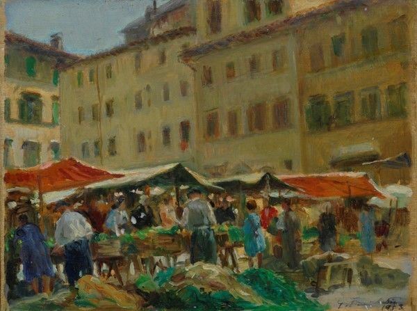Giuseppe Fraschetti : Mercato  (1953)  - Olio su tavola - Auction Autori dell'800-900, Arte moderna e contemporanea - I - Galleria Pananti Casa d'Aste
