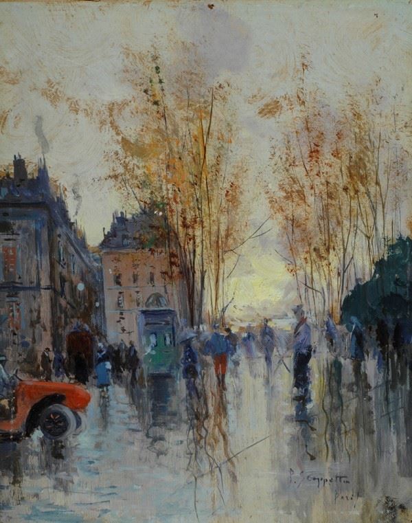 Pietro Scoppetta : Una strada di Parigi  - Olio su cartone - Auction Autori del XIX e XX sec. - I - Galleria Pananti Casa d'Aste