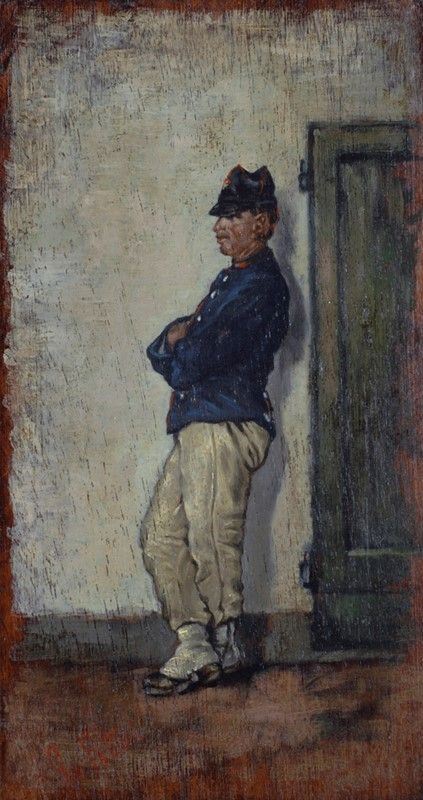 Cerchia di Giovanni Fattori : Soldato  - Olio su tavola - Auction Autori dell'800-900, Arte moderna e contemporanea - I - Galleria Pananti Casa d'Aste