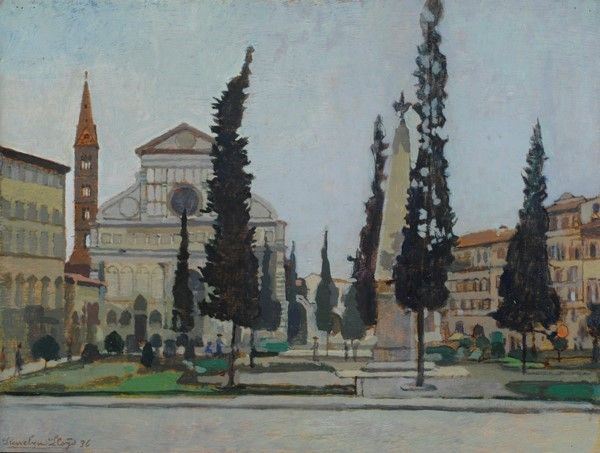 Llewelyn Lloyd : Piazza Santa Maria Novella  (1936)  - Olio su tavola - Asta Autori dell'800-900, Arte moderna e contemporanea - I - Galleria Pananti Casa d'Aste