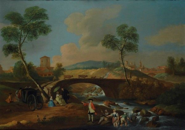Scuola Italia Settentrionale, XVIII Sec. - Paesaggio con Ponte e Figure