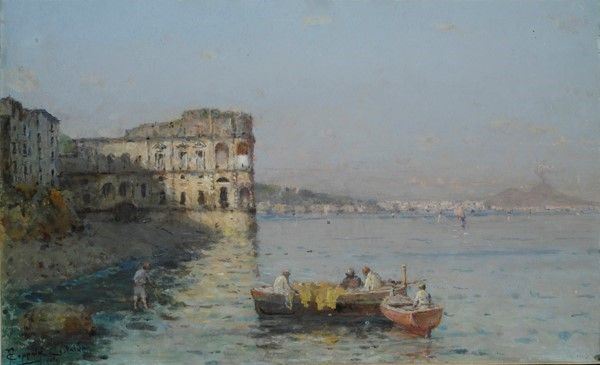 Francesco Coppola Castaldo : Pescatori a Palazzo Donn'Anna  - Tempera su cartoncino - Asta Autori dell'800-900, Arte moderna e contemporanea - I - Galleria Pananti Casa d'Aste