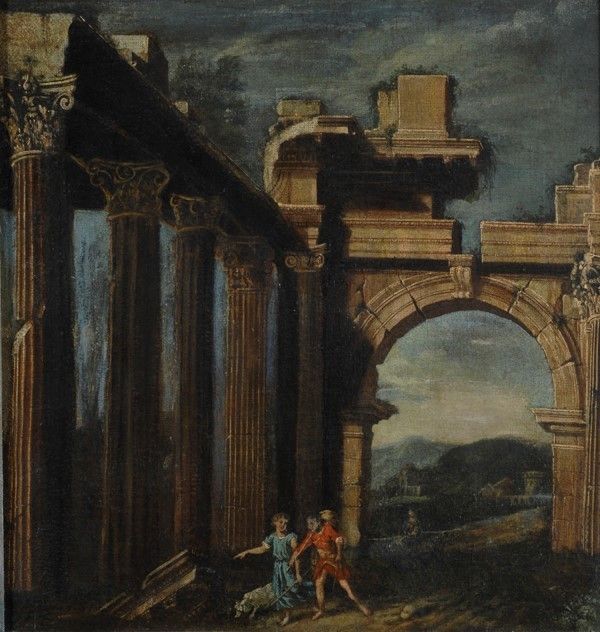 Scuola Italia Centrale, XVII Sec. - Paesaggi con Rovine e Figure