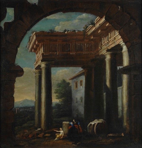 Scuola Italia Centrale, XVII Sec. - Paesaggi con Rovine e Figure
