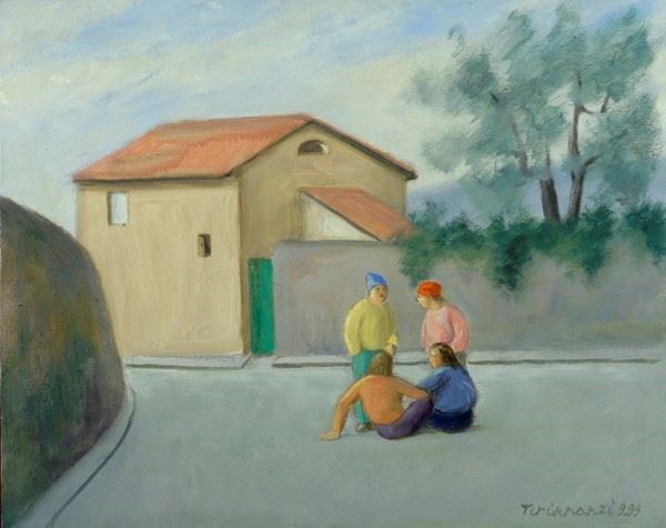 Nino Tirinnanzi : Ragazzi nel paesaggio  (1993)  - Olio su tela - Auction Autori dell'800-900, Arte moderna e contemporanea - I - Galleria Pananti Casa d'Aste