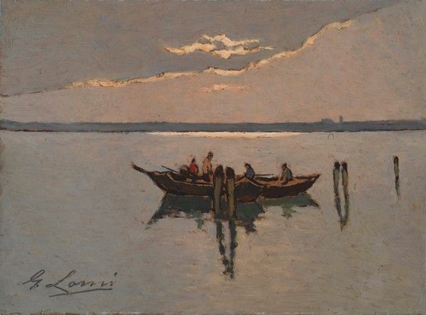 Giovanni Lomi : Barche in laguna  - Olio su faesite - Asta Autori dell'800-900, Arte moderna e contemporanea - I - Galleria Pananti Casa d'Aste