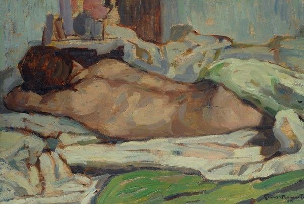 Gino Romiti : Nudo sdraiato di schiena  (1916)  - Olio su tavola - Asta Autori dell'800-900, Arte moderna e contemporanea - I - Galleria Pananti Casa d'Aste
