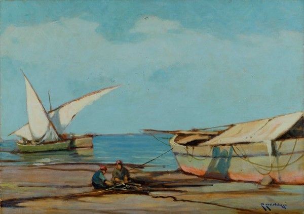 Renuccio Renucci - Marina con Barche e Pesatori