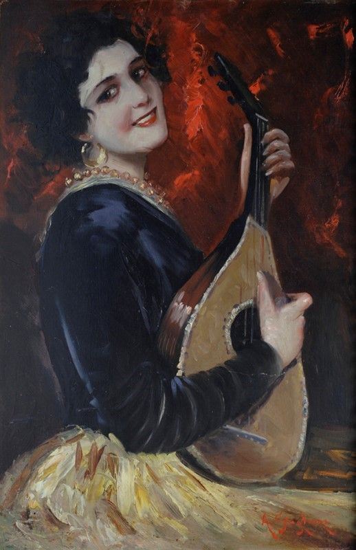 Arturo Stagliano : Ragazza con mandolino  - Olio su compensato - Auction Autori dell'800-900, Arte moderna e contemporanea - I - Galleria Pananti Casa d'Aste