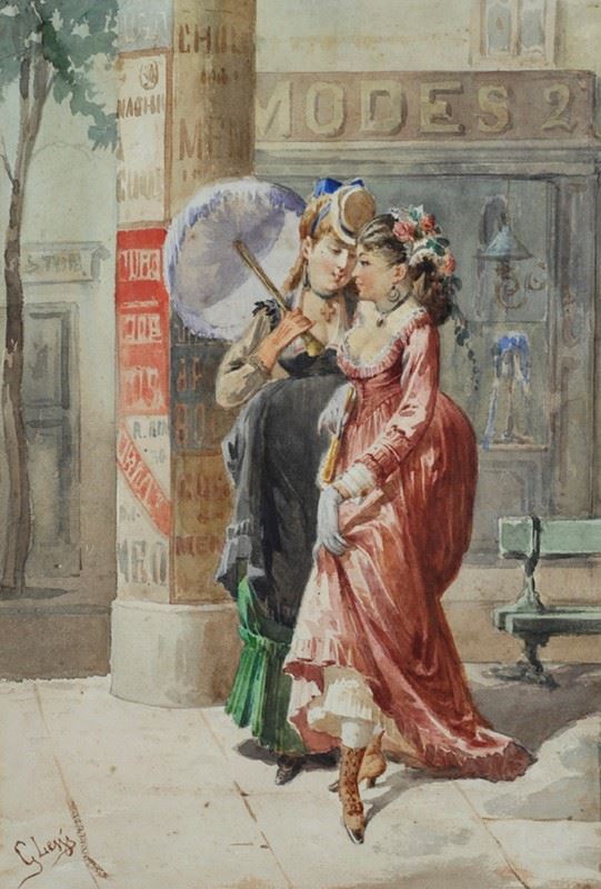 Giovanni Lessi : Dame parigine  - Acquerello su carta - Auction Autori del XIX e XX sec. - I - Galleria Pananti Casa d'Aste