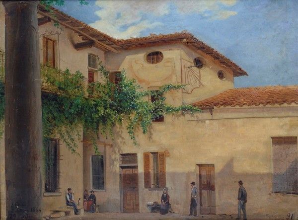 Enrico Gaeta : Casa con figure  (1864)  - Olio su carta riportata su cartone - Asta Autori dell'800-900, Arte moderna e contemporanea - I - Galleria Pananti Casa d'Aste