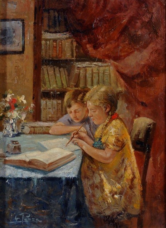 Giovanni Panza : I compiti  - Olio su tela - Auction Autori del XIX e XX sec. - I - Galleria Pananti Casa d'Aste