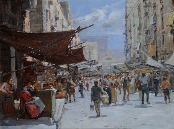 Gustavo Pisani : Mercato  - Olio su tela - Auction Autori dell'800-900, Arte moderna e contemporanea - I - Galleria Pananti Casa d'Aste