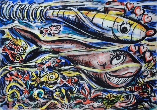Vinicio Berti : La balena e il sottomarino  (1982)  - Tempera su tela - Asta Autori dell'800-900, Arte moderna e contemporanea - I - Galleria Pananti Casa d'Aste