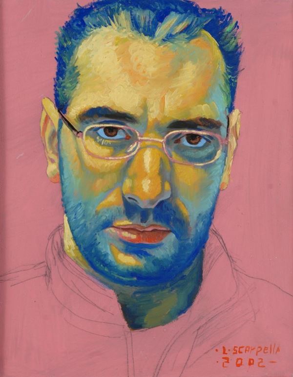 Livio Scarpella : Autoritratto giallo blu  (2002)  - Olio su tela - Asta STORART - ARTE MODERNA E CONTEMPORANEA - IV - Galleria Pananti Casa d'Aste