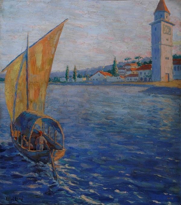 Ulvi Liegi : Paesaggio lacustre con barca  - Olio su cartone riportato su tavola - Auction Autori dell'800-900, Arte moderna e contemporanea - I - Galleria Pananti Casa d'Aste