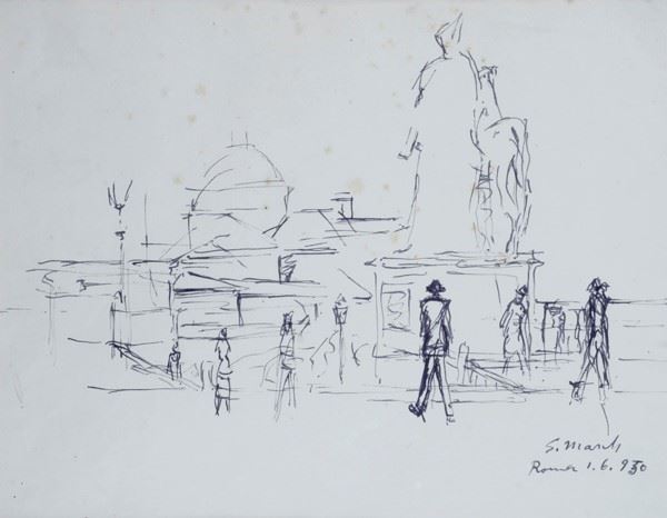 Giovanni March : Campidoglio  (1950)  - Inchiostro su carta - Asta DISEGNI DAL XIX AL XX SEC - Galleria Pananti Casa d'Aste