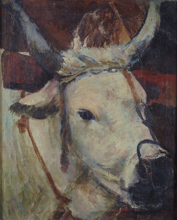 Anonimo, XX sec. : Testa di Mucca  (1955)  - Olio su tela - Asta AUTORI DEL XIX E XX SEC - Galleria Pananti Casa d'Aste