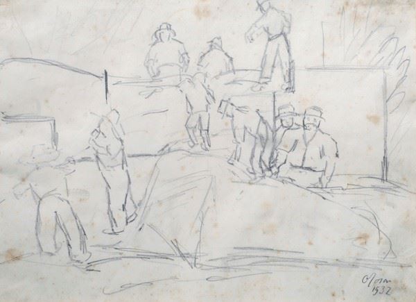 Ottone Rosai : Uomini al lavoro  (1932)  - Matita su carta - Asta ARTE MODERNA E CONTEMPORANEA - Galleria Pananti Casa d'Aste