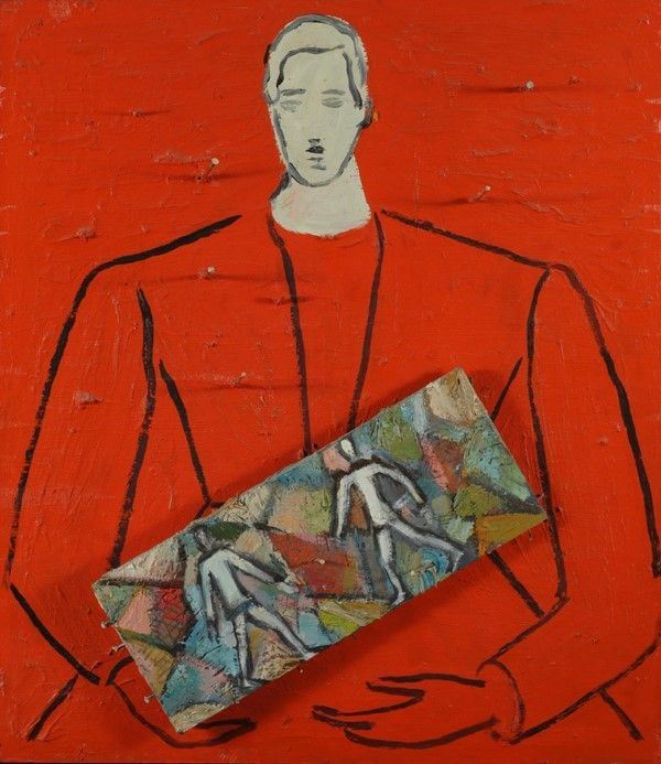Roberto Barni : Autoritratto con quadro  (2002)  - Tecnica mista e chiodi su tavola - Auction Arte moderna e contemporanea - Galleria Pananti Casa d'Aste