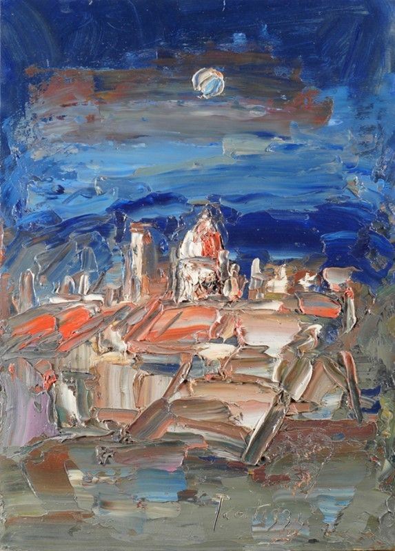 Sergio Scatizzi : Firenze e la luna  - Olio su compensato - Asta Autori del XIX e XX sec. - I - Galleria Pananti Casa d'Aste