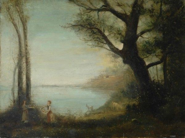 Scuola Francese, XIX sec. - Paesaggio con lago e figure